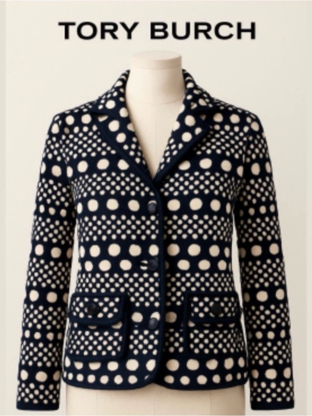 Tory Burch Navy and Cream Polka Dot Knit Blazer Jacket